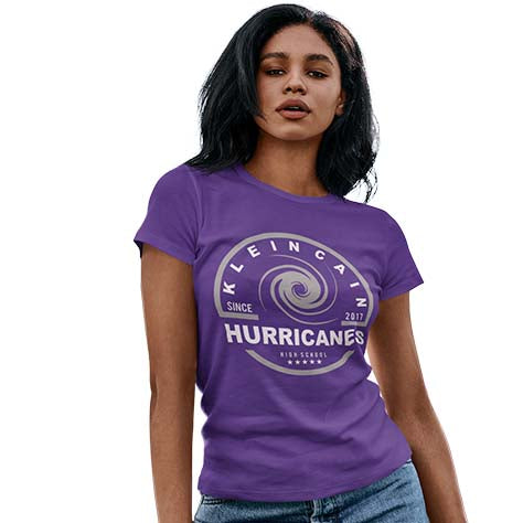 Woman wearing a Klein Cain High School Hurricanes Purple Women's T-shirt 04