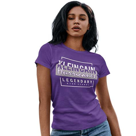 Woman wearing a Klein Cain High School Hurricanes Purple Women's T-shirt 05