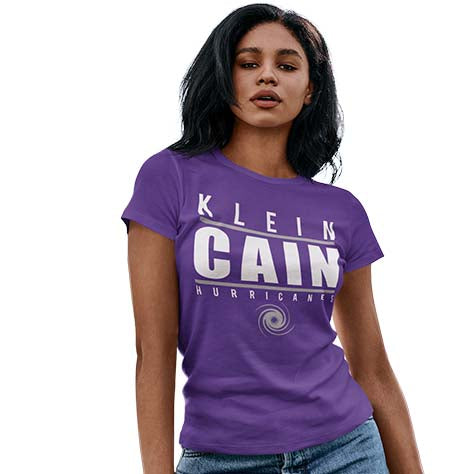 Woman wearing a Klein Cain High School Hurricanes Purple Women's T-shirt 07