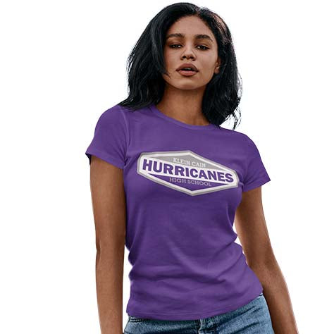 Woman wearing a Klein Cain High School Hurricanes Purple Women's T-shirt 09