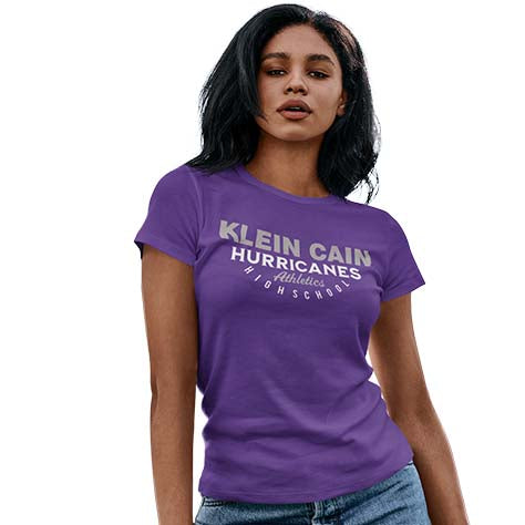 Woman wearing a Klein Cain High School Hurricanes Purple Women's T-shirt 12