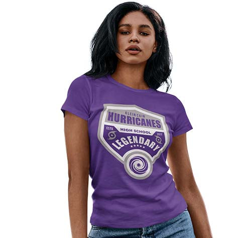 Woman wearing a Klein Cain High School Hurricanes Purple Women's T-shirt 14