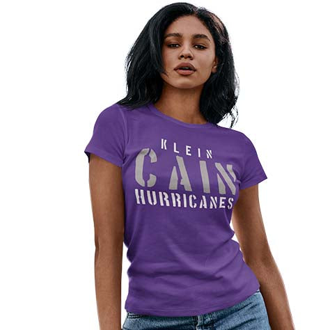 Woman wearing a Klein Cain High School Hurricanes Purple Women's T-shirt 17