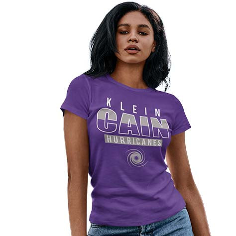 Woman wearing a Klein Cain High School Hurricanes Purple Women's T-shirt 23