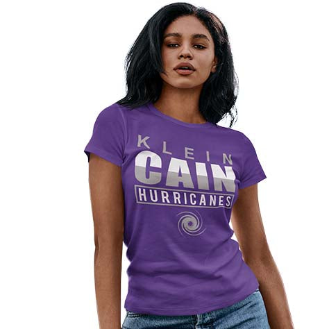 Woman wearing a Klein Cain High School Hurricanes Purple Women's T-shirt 29