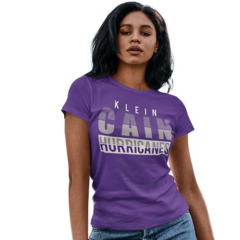 Woman wearing a Klein Cain High School Hurricanes Purple Women's T-shirt 31