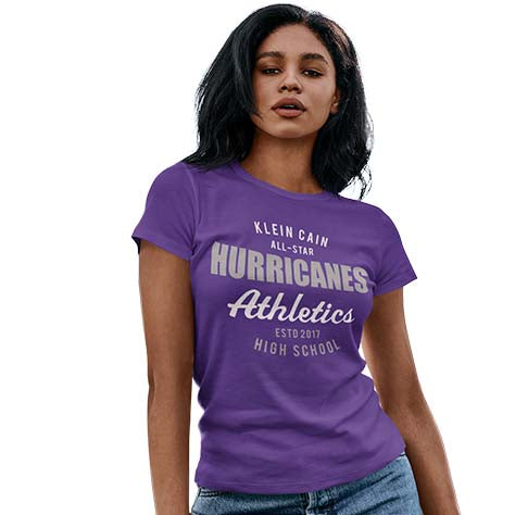 Woman wearing a Klein Cain High School Hurricanes Purple Women's T-shirt 34