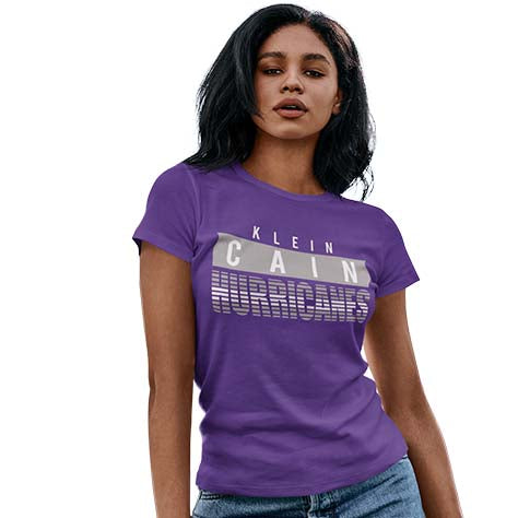 Woman wearing a Klein Cain High School Hurricanes Purple Women's T-shirt 35