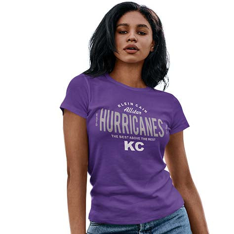 Woman wearing a Klein Cain High School Hurricanes Purple Women's T-shirt 40