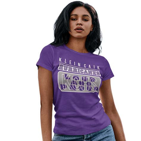 Woman wearing a Klein Cain High School Hurricanes Purple Women's T-shirt 86