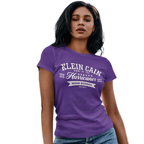 Woman wearing a Klein Cain High School Hurricanes Purple Women's T-shirt 96