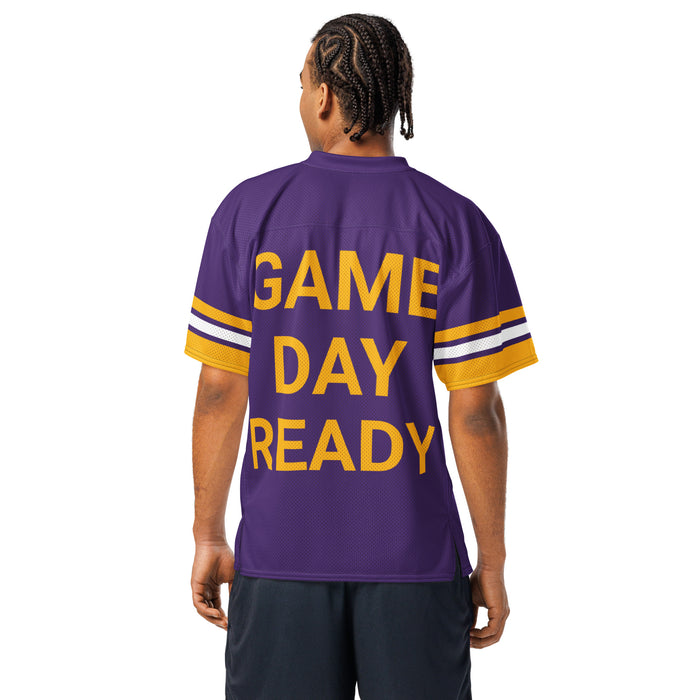 Back view of a man wearing Jersey Village High School Falcons Football Jersey 102