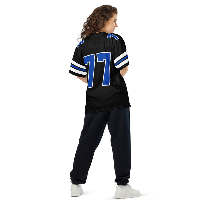 Back view of woman wearing Hebron High School Hawks Football Jersey 77