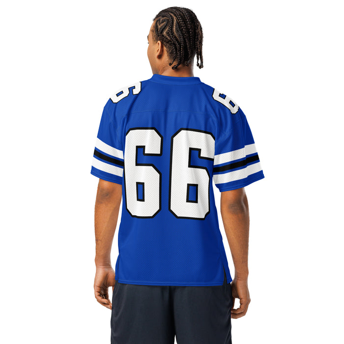 Back view of man wearing Hebron High School Hawks Football Jersey 66