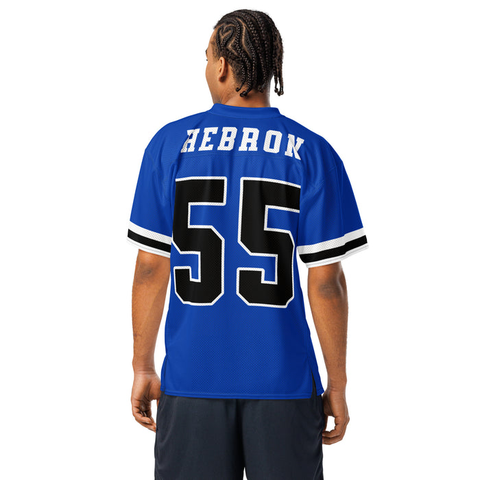 Back view of man wearing Hebron High School Hawks Football Jersey 55