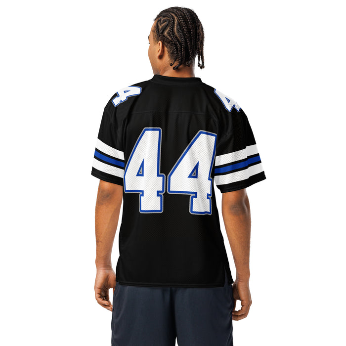 Back view of man wearing Hebron High School Hawks Football Jersey 44