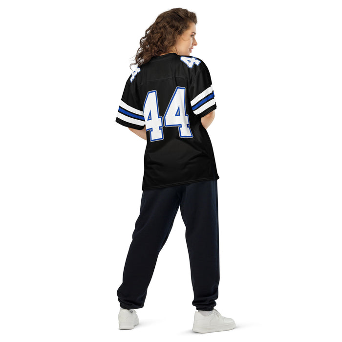 Back view of woman wearing Hebron High School Hawks Football Jersey 44