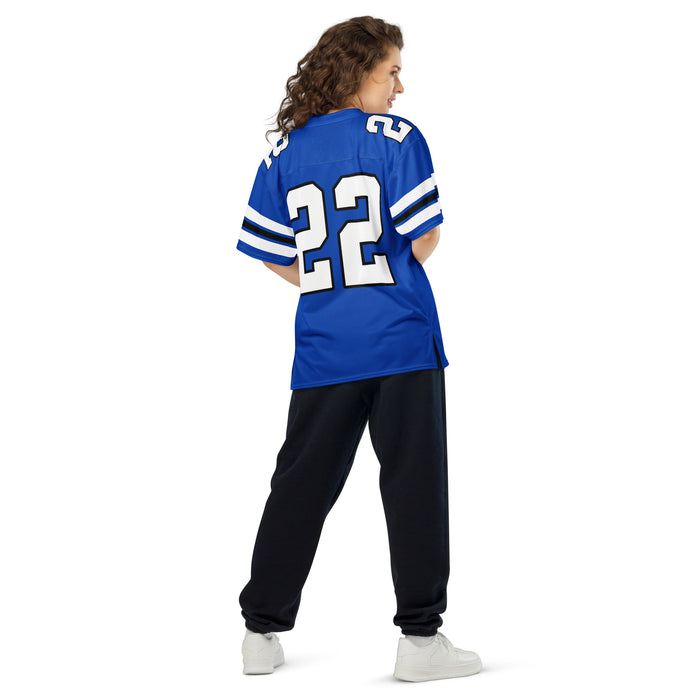 Back view of woman wearing Hebron High School Hawks Football Jersey 22
