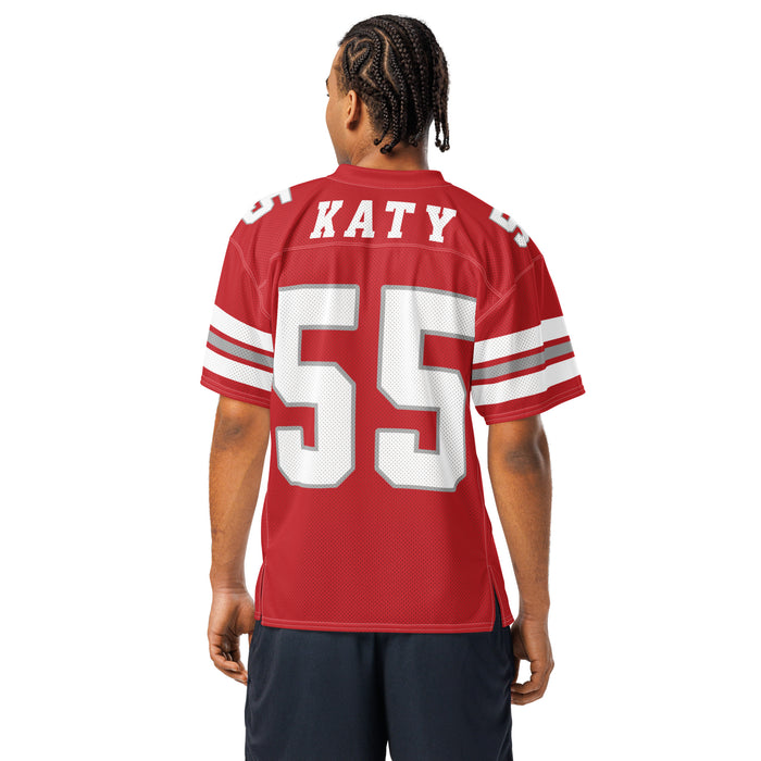 Back view of man wearing Katy High School Tigers Football Jersey 55