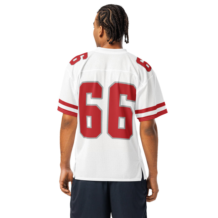 Back view of man wearing Katy High School Tigers Football Jersey 66