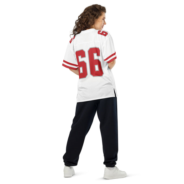 Back view of woman wearing Katy High School Tigers Football Jersey 66