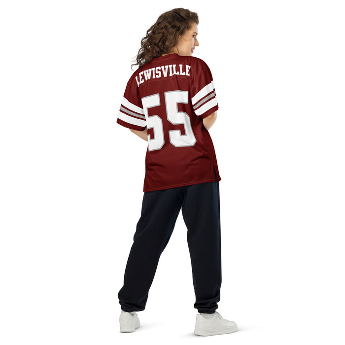 Back view of woman wearing Lewisville High School Farmers Football Jersey 55