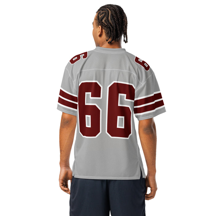 Back view of man wearing Lewisville High School Farmers Football Jersey 66