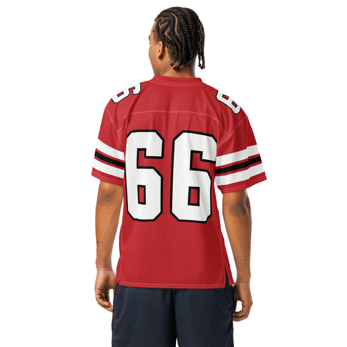 Back view of man wearing Martin High School Warriors Football Jersey 66
