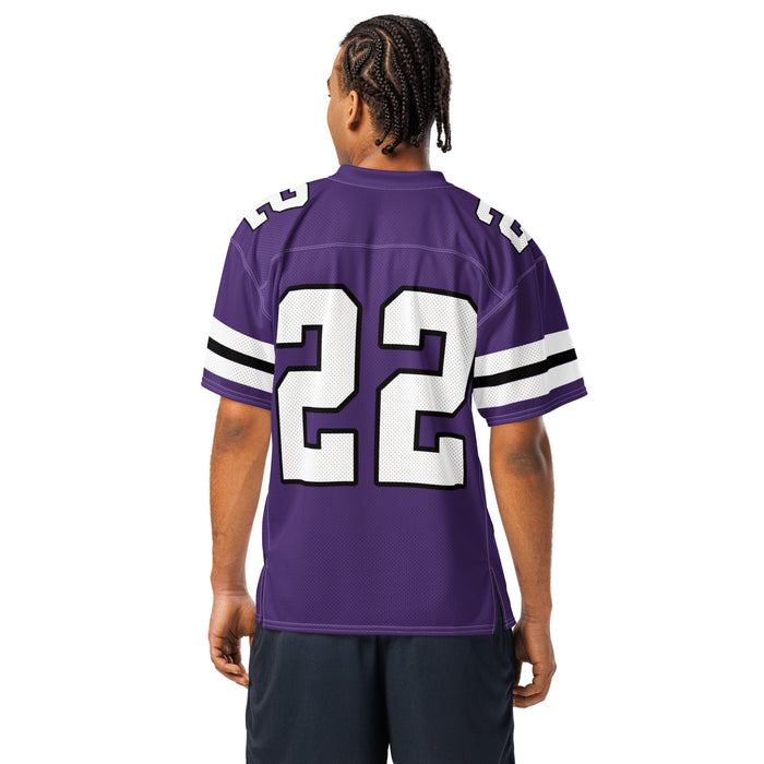 Back view of man wearing Morton Ranch High School Mavericks Football Jersey 22