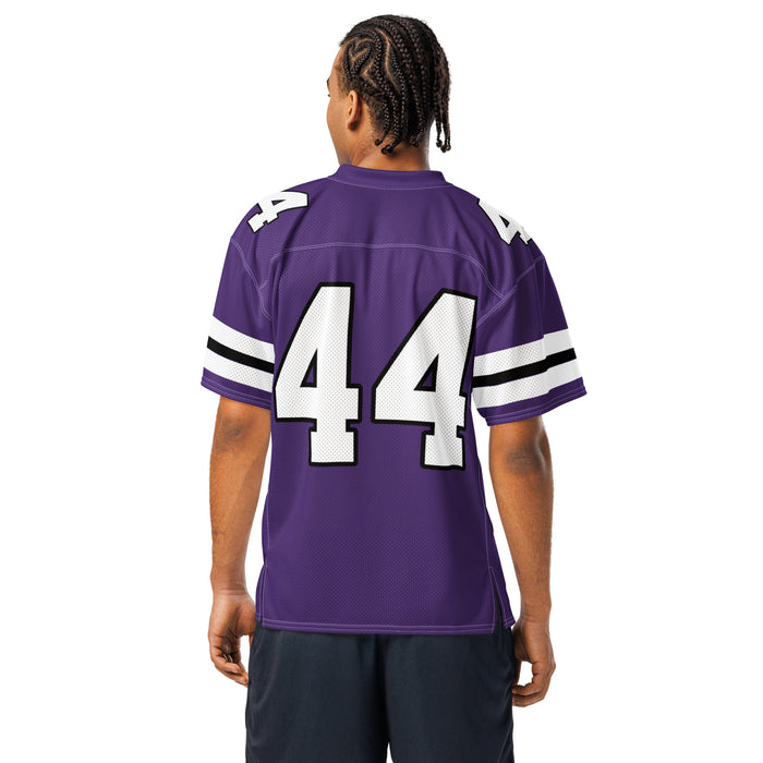 Back view of man wearing Morton Ranch High School Mavericks Football Jersey 44