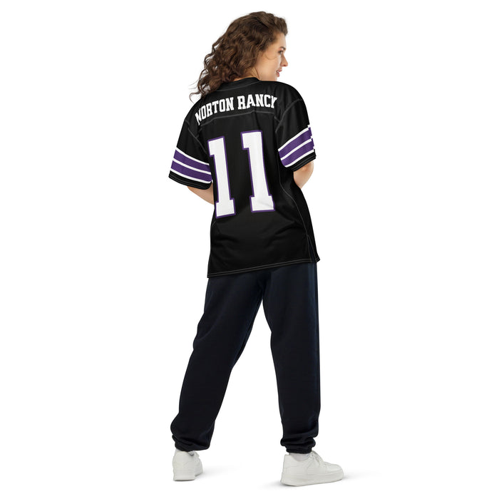 Back view of woman wearing Morton Ranch High School Mavericks Football Jersey 11