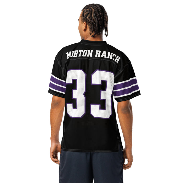 Back view of man wearing Morton Ranch High School Mavericks Football Jersey 33