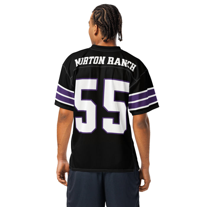 Back view of man wearing Morton Ranch High School Mavericks Football Jersey 55