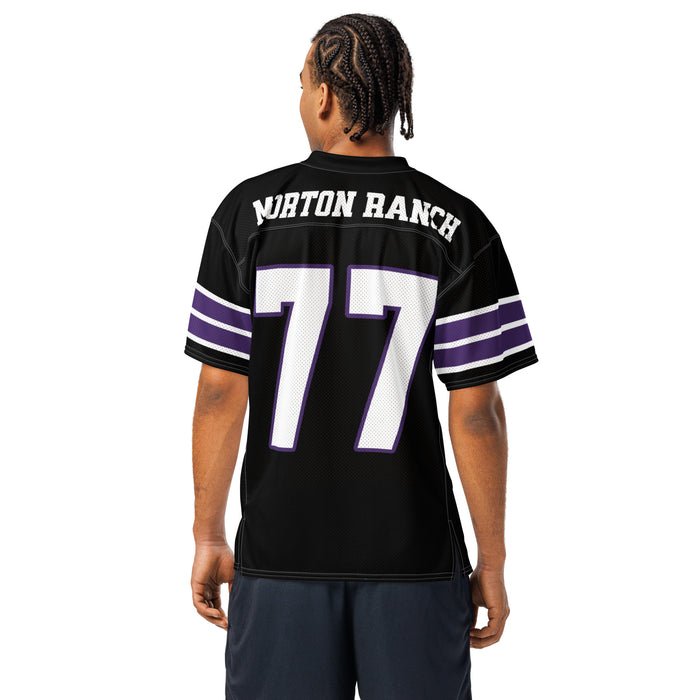 Back view of man wearing Morton Ranch High School Mavericks Football Jersey 77