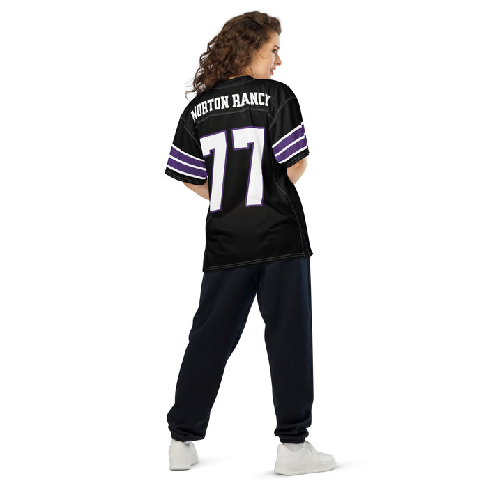 Back view of woman wearing Morton Ranch High School Mavericks Football Jersey 77