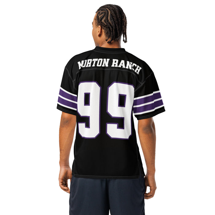 Back view of man wearing Morton Ranch High School Mavericks Football Jersey 99