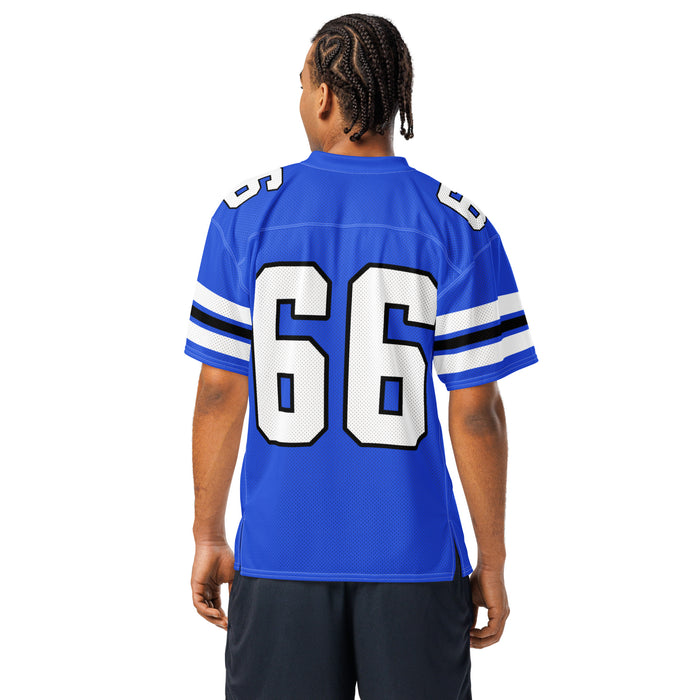 Back view of man wearing New Caney High School Eagles Football Jersey 66