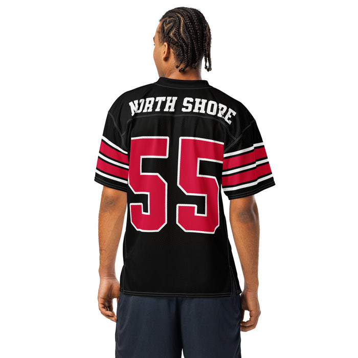 Back view of man wearing North Shore High School Mustangs Football Jersey 55