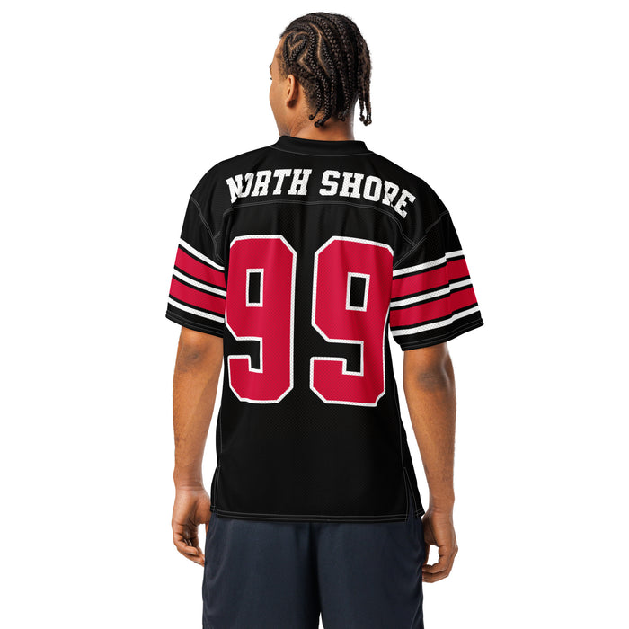 Back view of man wearing North Shore High School Mustangs Football Jersey 99