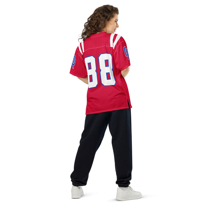 Back view of woman wearing Oak Ridge High School War Eagles Football Jersey 88