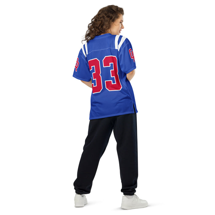 Back view of woman wearing Oak Ridge High School War Eagles Football Jersey 33w