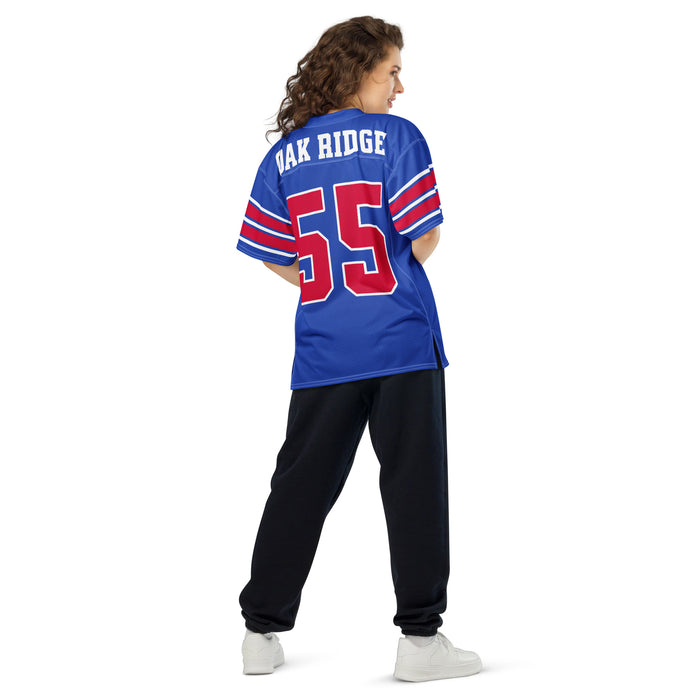 Back view of woman wearing Oak Ridge High School War Eagles Football Jersey 55