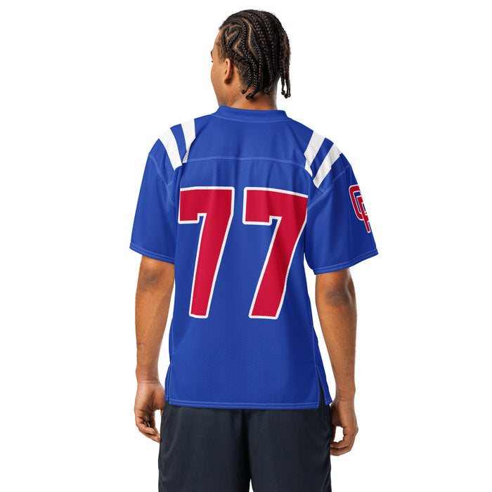 Back view of man wearing Oak Ridge High School War Eagles Football Jersey 77