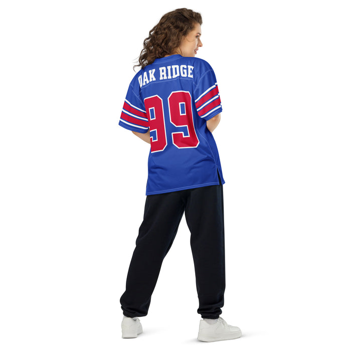 Back view of woman wearing Oak Ridge High School War Eagles Football Jersey 99