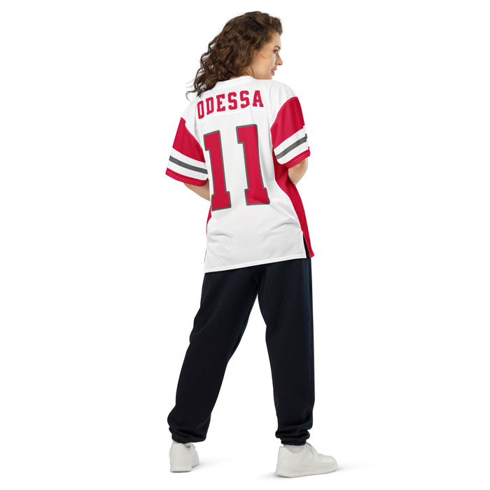 Back view of woman wearing Odessa High School Bronchos Football Jersey 11