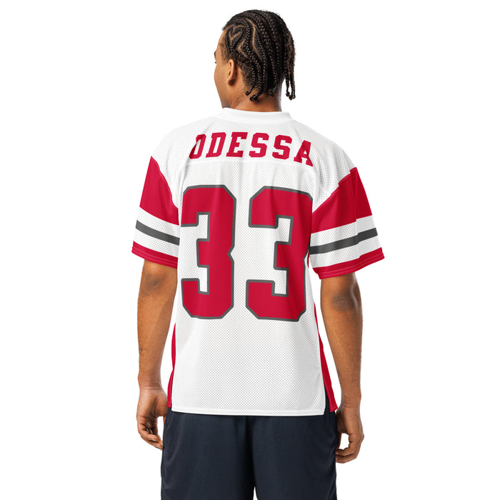 Back view of man wearing Odessa High School Bronchos Football Jersey 33