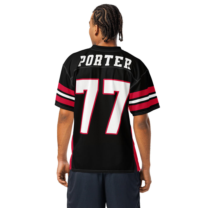 Back view of man wearing Porter High School Spartans Football Jersey 77