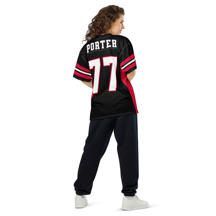 Back view of woman wearing Porter High School Spartans Football Jersey 77
