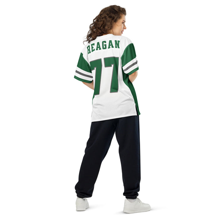 Back view of woman wearing Reagan High School Rattlers Football Jersey 77
