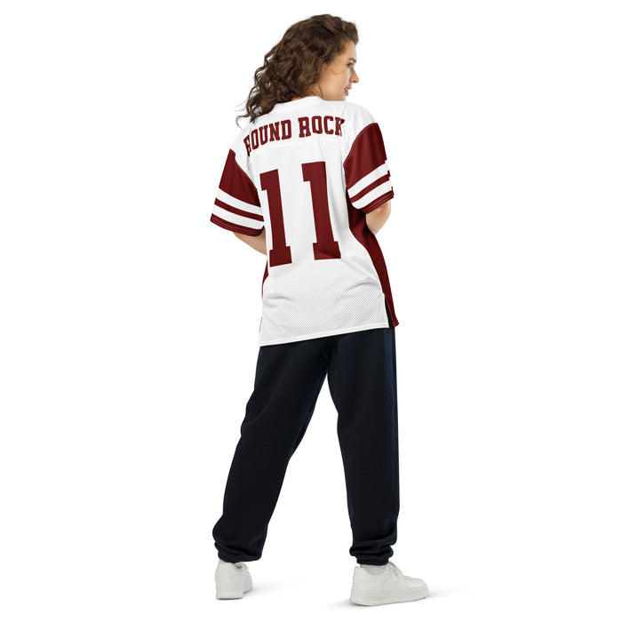 Back view of woman wearing Round Rock High School Dragons Football Jersey 11